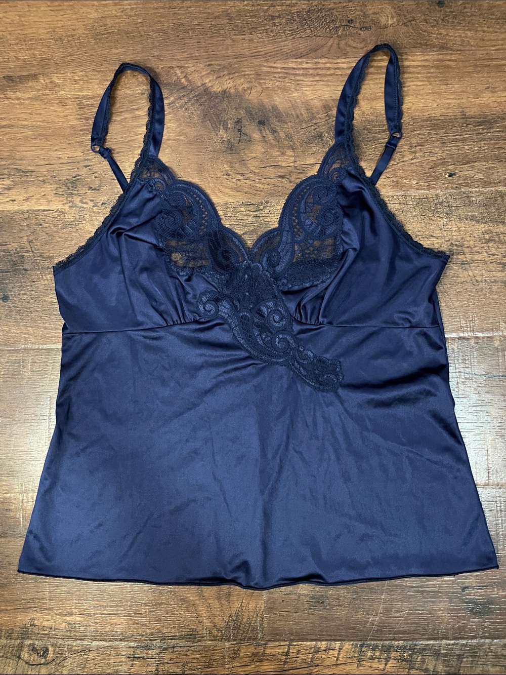 Vintage Vanity Fair Navy Lace-Trim Satin Slip Top - Style 17-744 -Made in USA
